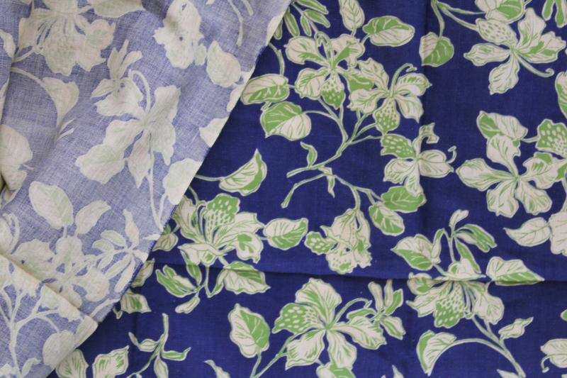 photo of vintage cotton feed sack fabric, deco floral lime green, off white, royal blue #4