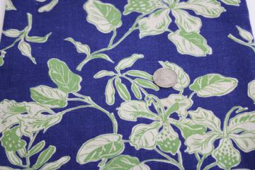 catalog photo of vintage cotton feed sack fabric, deco floral lime green, off white, royal blue