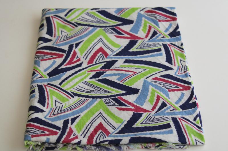 photo of vintage cotton feed sack fabric, deco zigzag triangles print in navy, plum, blue, apple green #1