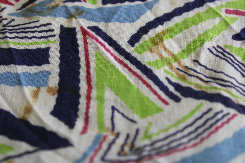 photo of vintage cotton feed sack fabric, deco zigzag triangles print in navy, plum, blue, apple green #6