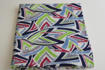 catalog photo of vintage cotton feed sack fabric, deco zigzag triangles print in navy, plum, blue, apple green