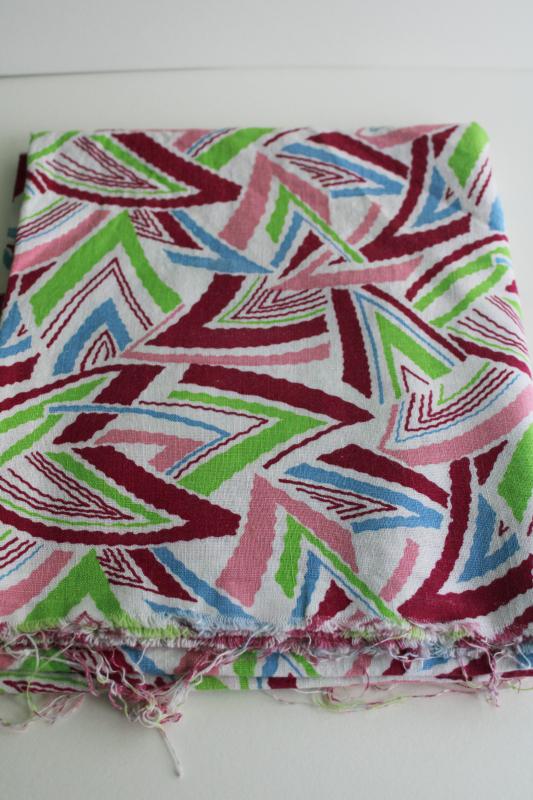 photo of vintage cotton feed sack fabric, deco zigzag triangles print in wine, pink, sky blue, lime green #1