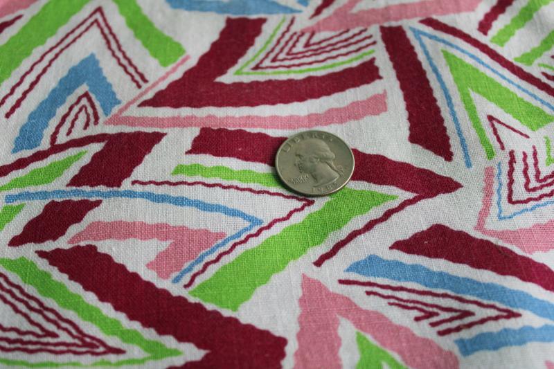 photo of vintage cotton feed sack fabric, deco zigzag triangles print in wine, pink, sky blue, lime green #2