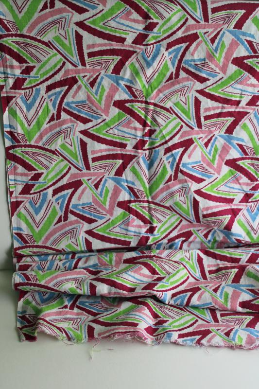 photo of vintage cotton feed sack fabric, deco zigzag triangles print in wine, pink, sky blue, lime green #4