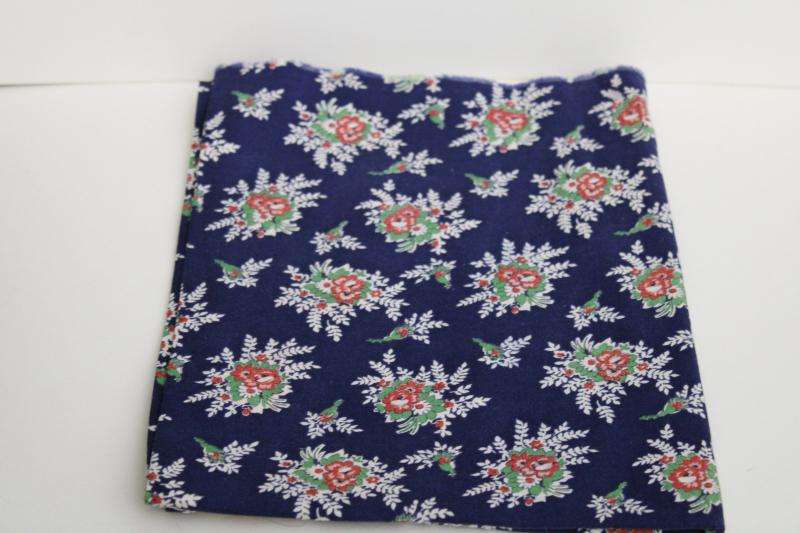 photo of vintage cotton feed sack fabric, floral print flower bouquets on navy blue #1