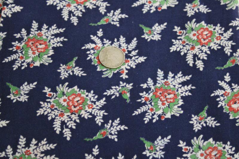 photo of vintage cotton feed sack fabric, floral print flower bouquets on navy blue #2