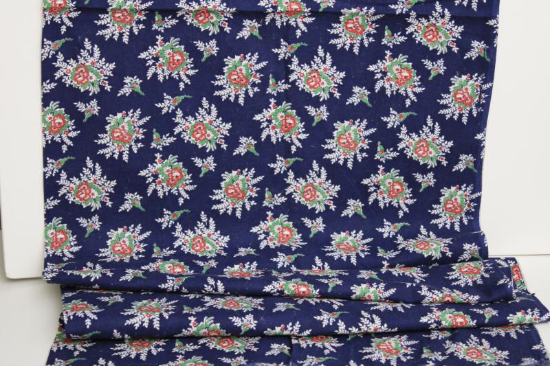 photo of vintage cotton feed sack fabric, floral print flower bouquets on navy blue #5