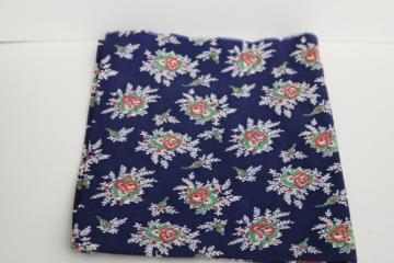 catalog photo of vintage cotton feed sack fabric, floral print flower bouquets on navy blue