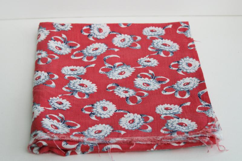 photo of vintage cotton feed sack fabric, floral print grey daisies & ribbon bows on red #1