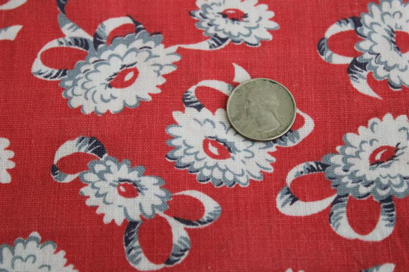 photo of vintage cotton feed sack fabric, floral print grey daisies & ribbon bows on red #2