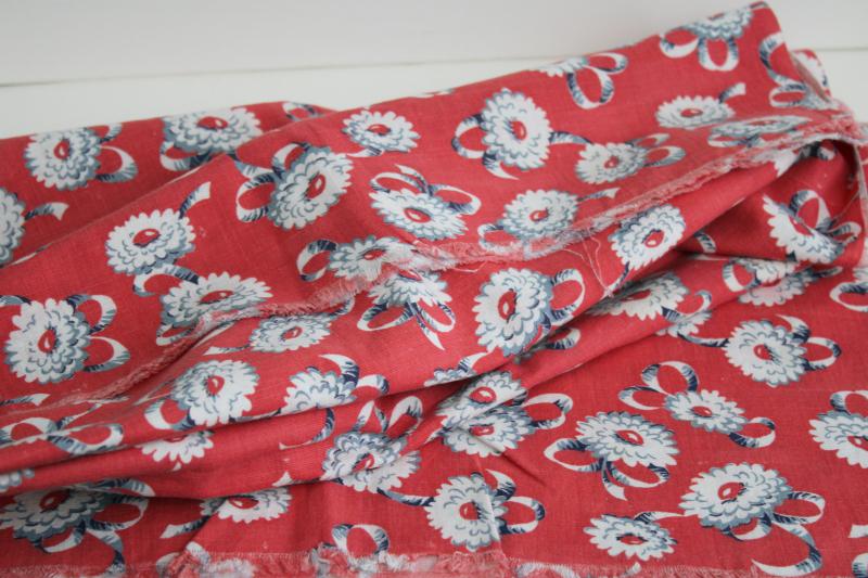 photo of vintage cotton feed sack fabric, floral print grey daisies & ribbon bows on red #4