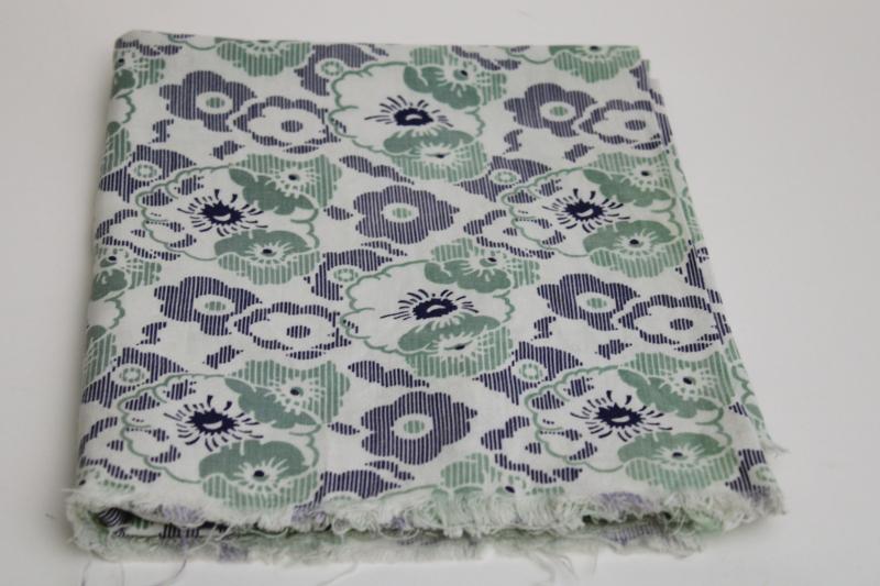 photo of vintage cotton feed sack fabric, floral print sage green & deep blue #1