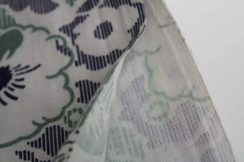 photo of vintage cotton feed sack fabric, floral print sage green & deep blue #3