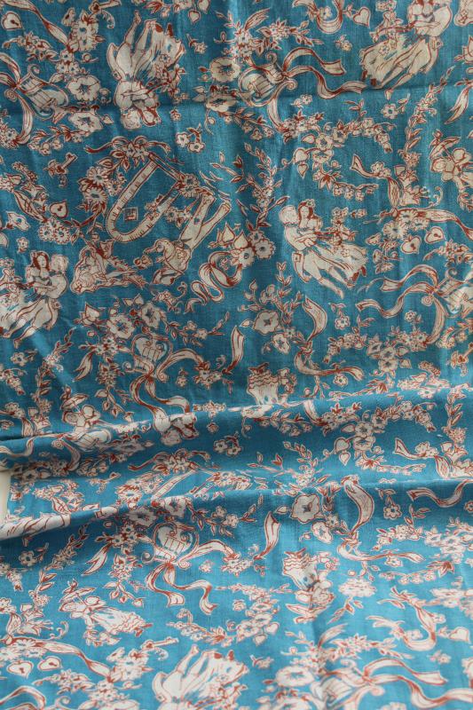 photo of vintage cotton feed sack fabric, french country toile print on turquoise blue #1