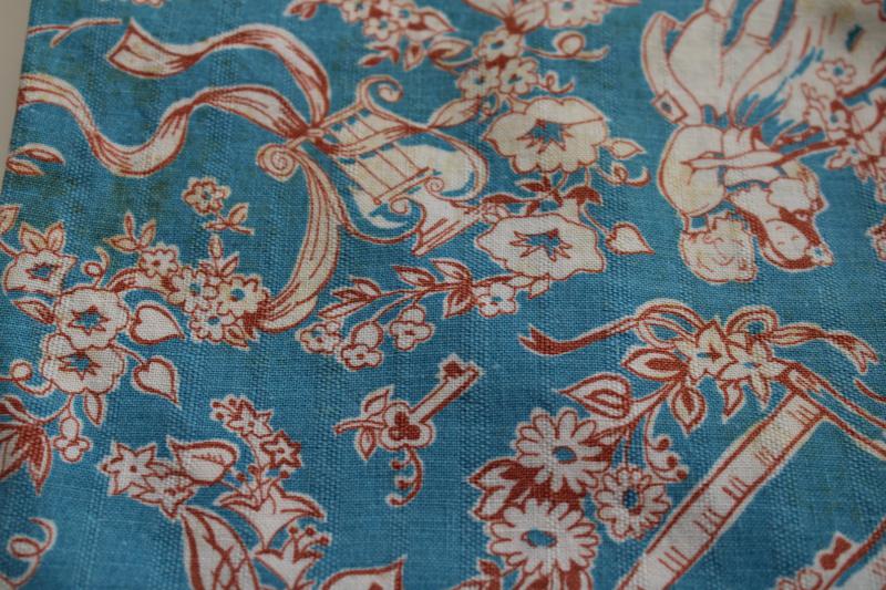 photo of vintage cotton feed sack fabric, french country toile print on turquoise blue #6