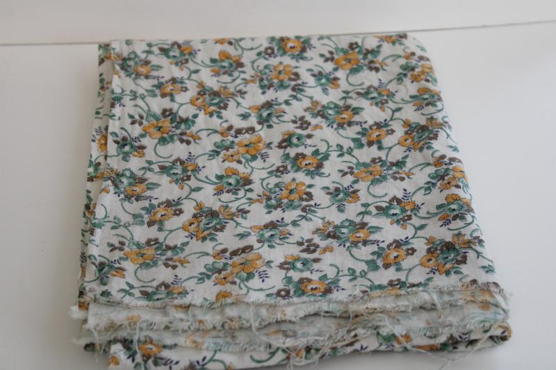 photo of vintage cotton feed sack fabric, girly floral print flowers in soft green & yellow #1