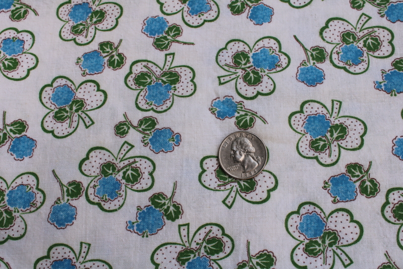 photo of vintage cotton feed sack fabric, lucky clover shamrock print blue & green #1