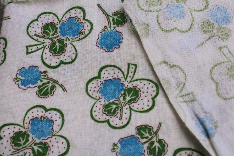 photo of vintage cotton feed sack fabric, lucky clover shamrock print blue & green #2