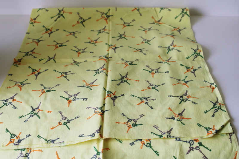photo of vintage cotton feed sack fabric, novelty print old fashioned keys on yellow background  #1