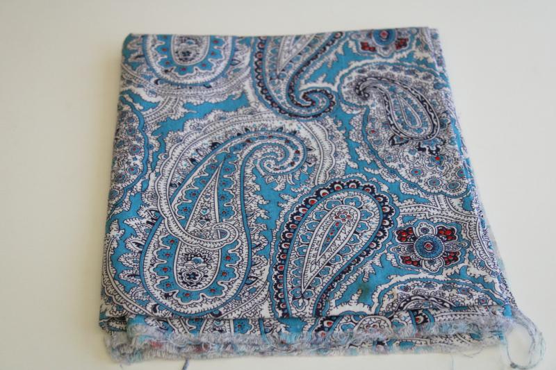 photo of vintage cotton feed sack fabric, paisley print aqua blue w/ white & red #1