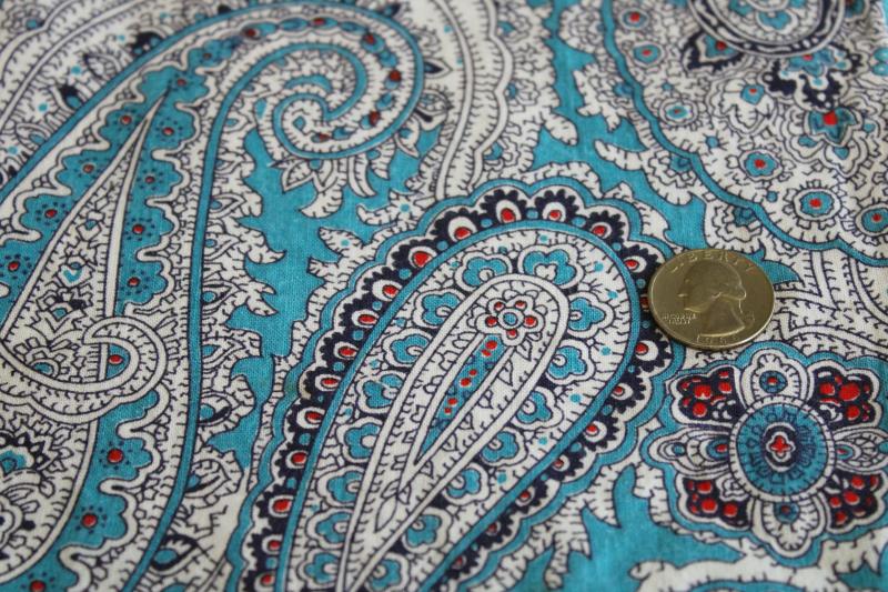 photo of vintage cotton feed sack fabric, paisley print aqua blue w/ white & red #2