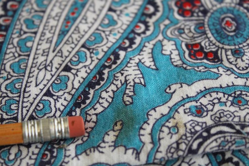 photo of vintage cotton feed sack fabric, paisley print aqua blue w/ white & red #3