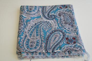 catalog photo of vintage cotton feed sack fabric, paisley print aqua blue w/ white & red