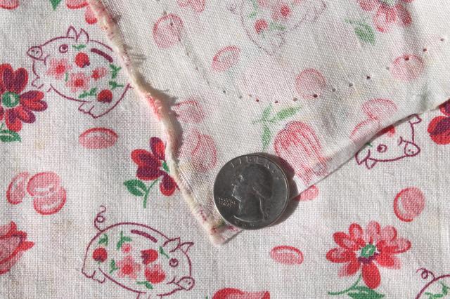 photo of vintage cotton feed sack fabric w/ piggy bank little pigs novelty print, so cute! #3