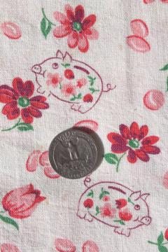 catalog photo of vintage cotton feed sack fabric w/ piggy bank little pigs novelty print, so cute!