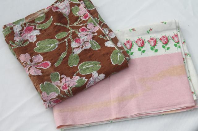 photo of vintage cotton feed sack fabric w/ pink roses prints, floral on brown & rosebud border print  #2