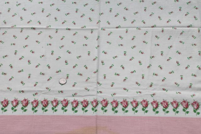 photo of vintage cotton feed sack fabric w/ pink roses prints, floral on brown & rosebud border print  #3