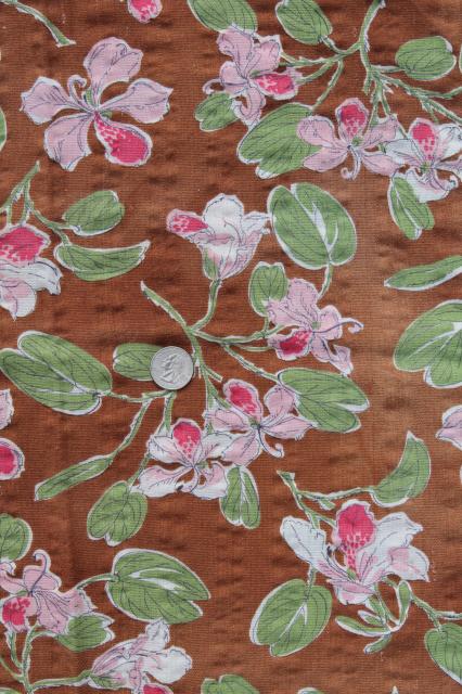 photo of vintage cotton feed sack fabric w/ pink roses prints, floral on brown & rosebud border print  #8