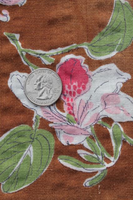 photo of vintage cotton feed sack fabric w/ pink roses prints, floral on brown & rosebud border print  #9