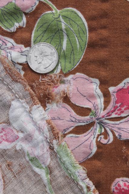 photo of vintage cotton feed sack fabric w/ pink roses prints, floral on brown & rosebud border print  #10