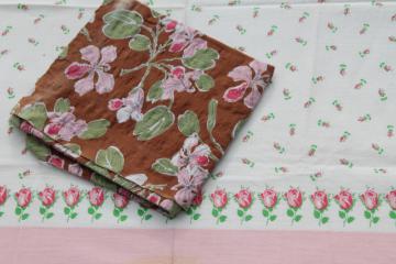 catalog photo of vintage cotton feed sack fabric w/ pink roses prints, floral on brown & rosebud border print 