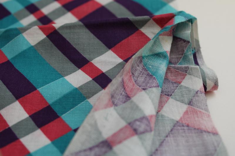 photo of vintage cotton feed sack fabric, plaid print in teal, purple, grey, plum red #3