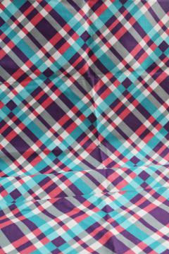photo of vintage cotton feed sack fabric, plaid print in teal, purple, grey, plum red