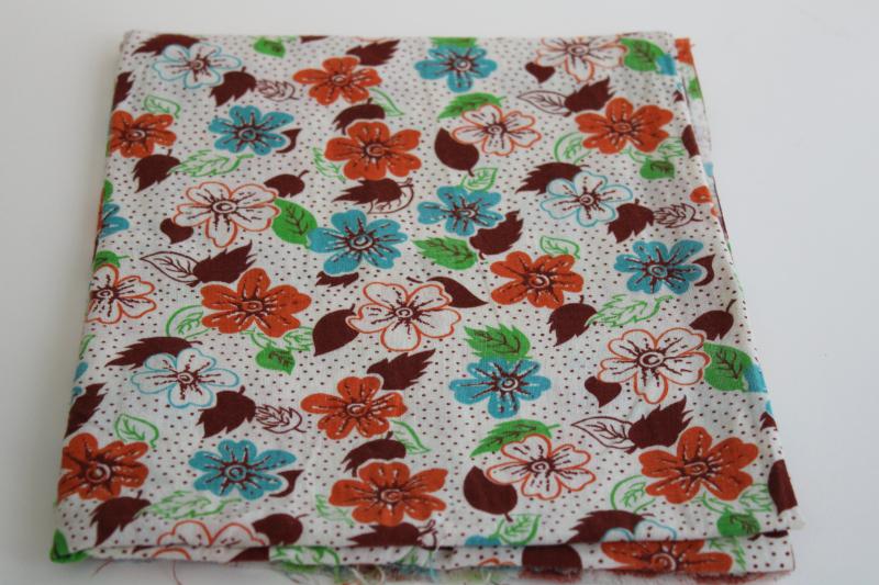 photo of vintage cotton feed sack fabric, print flowers in rust orange, turquoise, green #1