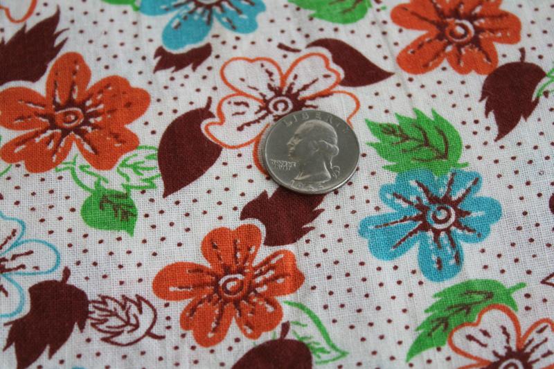 photo of vintage cotton feed sack fabric, print flowers in rust orange, turquoise, green #2