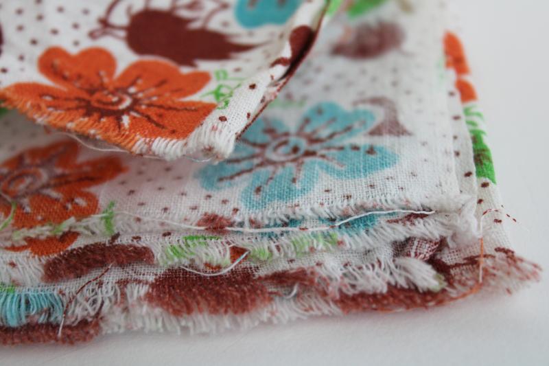 photo of vintage cotton feed sack fabric, print flowers in rust orange, turquoise, green #3