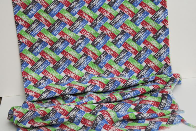 photo of vintage cotton feed sack fabric, red green blue basket weave print #1