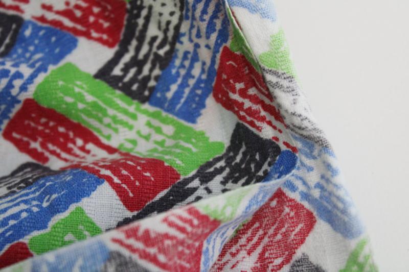 photo of vintage cotton feed sack fabric, red green blue basket weave print #2