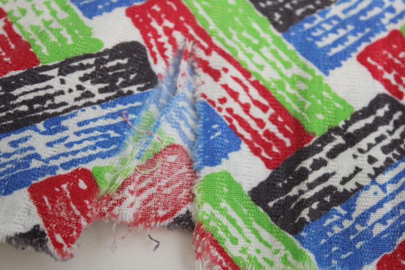 photo of vintage cotton feed sack fabric, red green blue basket weave print #3