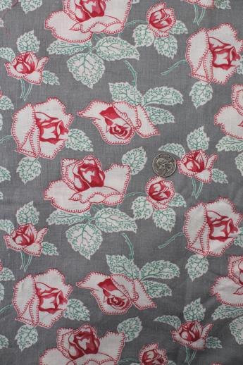 photo of vintage cotton feed sack fabric w/ retro 40s 50s floral, roses on grey feedsack #1