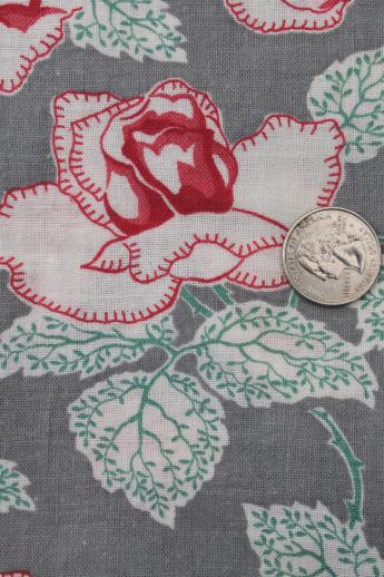 photo of vintage cotton feed sack fabric w/ retro 40s 50s floral, roses on grey feedsack #2