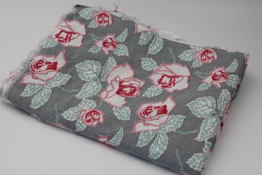 photo of vintage cotton feed sack fabric w/ retro 40s 50s floral, roses on grey feedsack #4