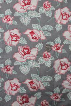 catalog photo of vintage cotton feed sack fabric w/ retro 40s 50s floral, roses on grey feedsack