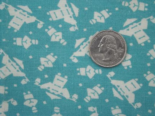 photo of vintage cotton feed sack fabric, retro 50s chinamen print, aqua blue & white #1