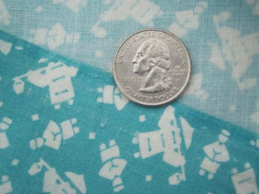 photo of vintage cotton feed sack fabric, retro 50s chinamen print, aqua blue & white #2