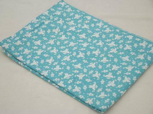 photo of vintage cotton feed sack fabric, retro 50s chinamen print, aqua blue & white #3